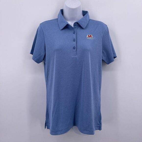 Light Blue Short Sleeve Polo Shirt Travis Mathew Sz S M Slim Fit MARATHON Logo - Picture 1 of 9